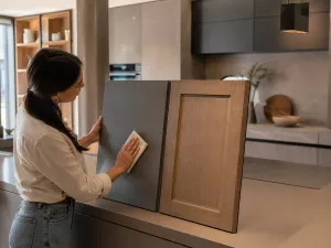 Donna confronta un'anta liscia grigia (slab) e un'anta a telaio in legno (shaker) per la cucina
