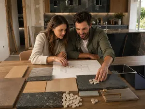 Coppia che pianifica il budget della cucina della prima casa sulla planimetria, con campioni di legno, pietra e finiture sul tavolo