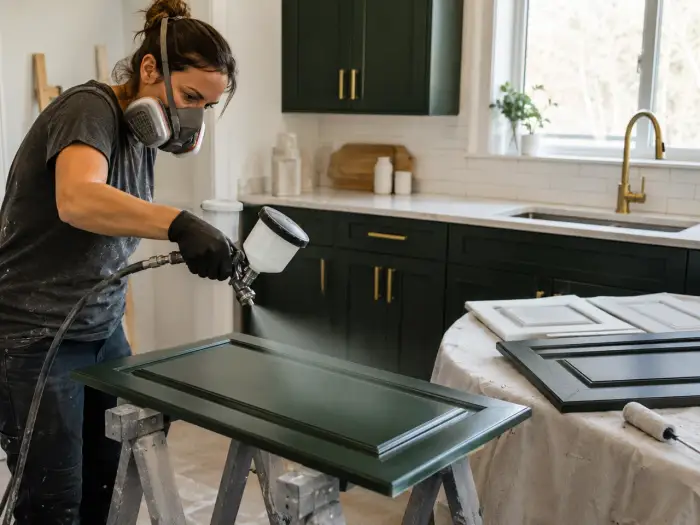 Verniciatura a spruzzo di un'anta di cucina verde su cavalletti durante il cambio colore delle ante, con mobili verdi e paraschizzi bianco sullo sfondo