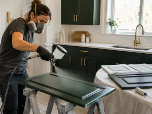 Verniciatura a spruzzo di un'anta di cucina verde su cavalletti durante il cambio colore delle ante, con mobili verdi e paraschizzi bianco sullo sfondo