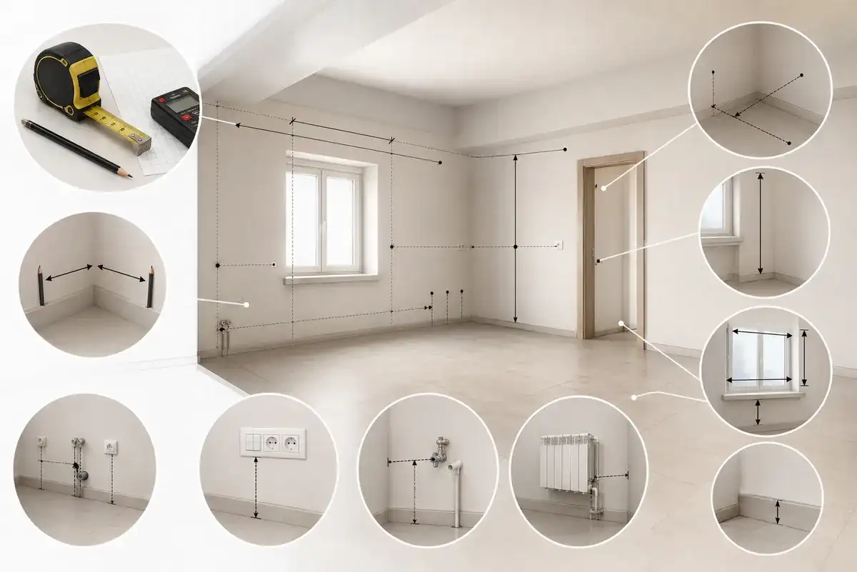 Rilievo delle misure di una stanza per la cucina: pareti, finestra, porta, attacchi di acqua, gas ed elettricità e termosifone, con linee di quota