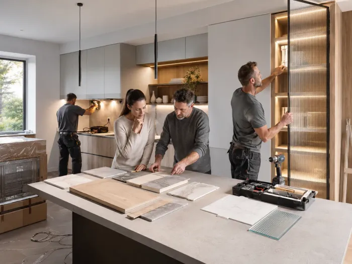 Cucina in ristrutturazione con mobili nuovi, piano di lavoro e impianti a vista