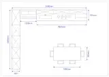 Disegno tecnico con le misure della cucina AR-TRE Fly Evo ad angolo: zona cottura 360 cm, lato colonne 427 cm e tavolo 195 x 95 cm