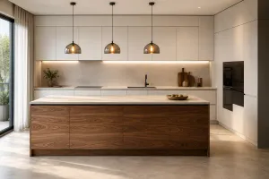 Cucina bianca e noce con pensili e colonne chiari e isola in legno noce dai toni caldi con top chiaro