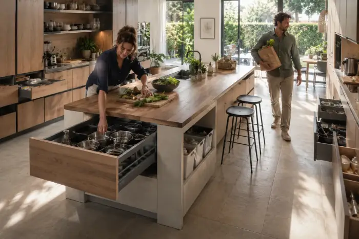 Cucina moderna con isola funzionale dal piano in legno, cassettoni profondi con pentole e raccolta differenziata integrata, bancone snack con sgabelli