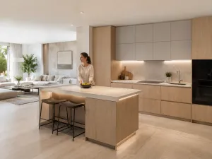 Cucina moderna in legno chiaro con penisola snack e sgabelli, aperta sull'open space del soggiorno