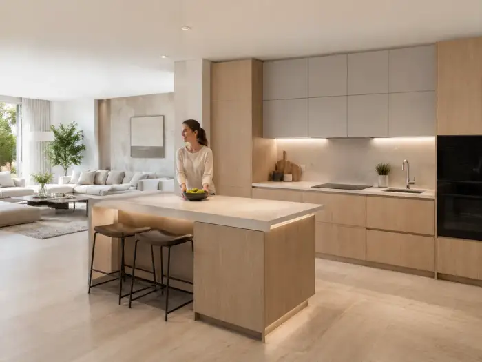 Cucina moderna in legno chiaro con penisola snack e sgabelli, aperta sull'open space del soggiorno