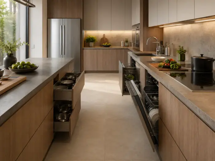 Cucina ergonomica a due file affacciate con triangolo di lavoro tra frigo, lavello e piano cottura, cassettoni e lavastoviglie aperti