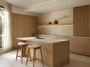 Cucina in stile japandi con legno chiaro di rovere, isola in pietra opaca, parete a listelli e palette naturale senza maniglie a vista