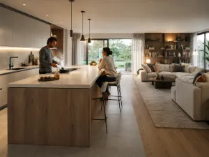 Cucina open space in appartamento con isola in legno che divide la zona cottura dal soggiorno, mentre una coppia cucina e conversa
