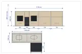 Disegno tecnico della cucina Prima Gola Linear: fronte colonne 311 x 240 cm con moduli 60, 30, 60, 75 e 75 cm, isola 315 x 120 cm e penisola snack 120 x 120 cm