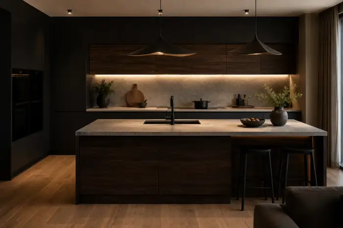 Cucina scura moderna con mobili neri opachi, isola e pensili in legno noce scuro e top e paraschizzi in pietra chiara