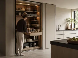 Donna apre una colonna dispensa a scomparsa attrezzata con cestoni estraibili, ante rientranti e piccoli elettrodomestici in una cucina moderna