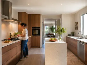 Cucina moderna con forno a colonna ad altezza uomo, piano cottura e cappa posizionati secondo le distanze corrette