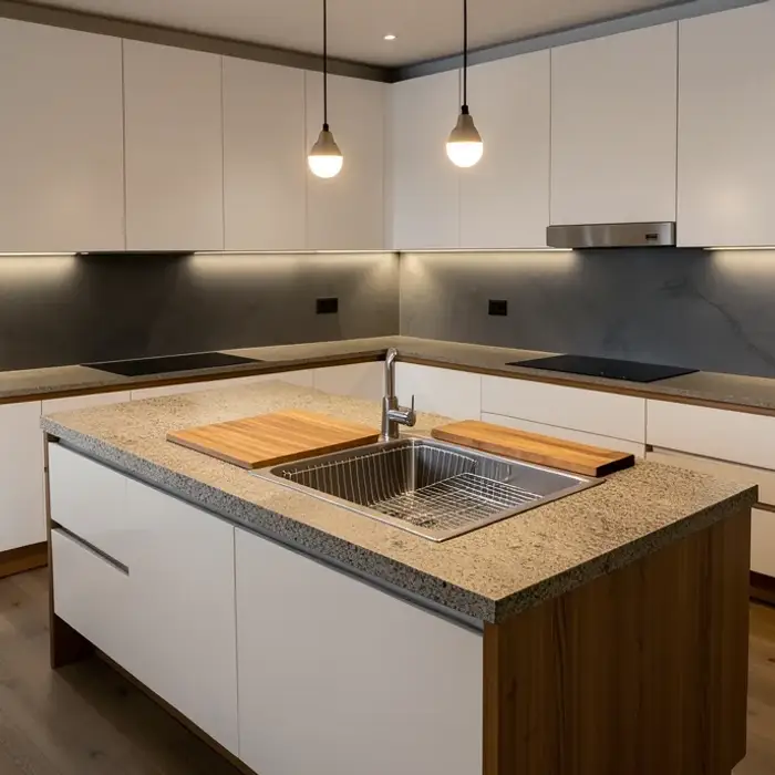 Cucina moderna con isola e lavello integrato in piano