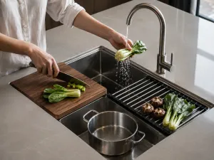 Lavello workstation in acciaio con tagliere a filo e griglia arrotolabile durante la preparazione delle verdure