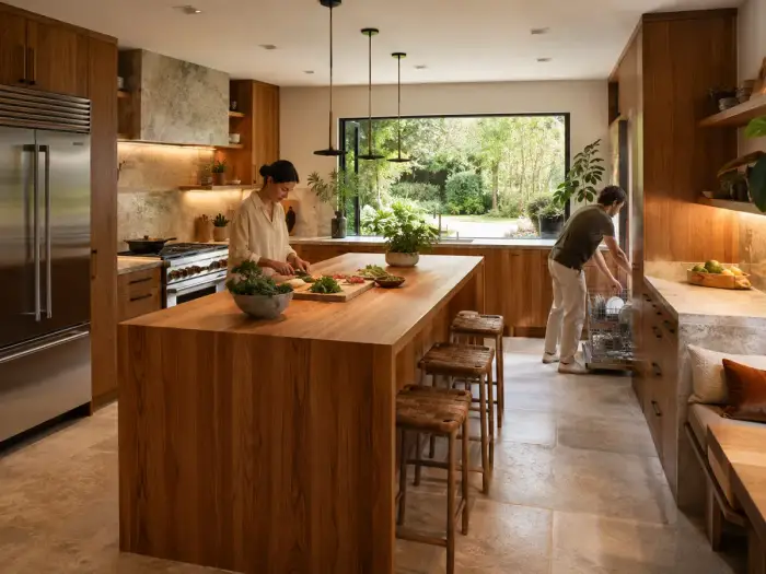 Cucina moderna con isola e piani di lavoro disposti in modo ergonomico