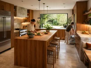 Cucina moderna con isola e piani di lavoro disposti in modo ergonomico