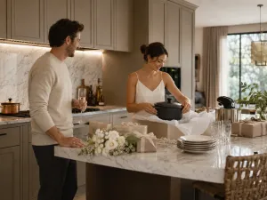 Coppia apre i regali della lista nozze sull'isola della cucina della nuova casa, tra pentole, stoviglie e piccoli elettrodomestici