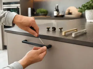 Sostituzione di un maniglione nero su un'anta di cucina, con pomelli e maniglie in diverse finiture appoggiati sul top