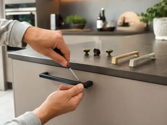 Sostituzione di un maniglione nero su un'anta di cucina, con pomelli e maniglie in diverse finiture appoggiati sul top