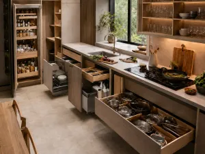 Cucina organizzata per zone con colonna dispensa estraibile, cassettoni profondi per pentole e cassetti attrezzati aperti