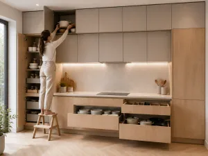 Cucina con pensili fino al soffitto e colonne a tutta altezza, con una donna su uno sgabello che raggiunge il ripiano più alto