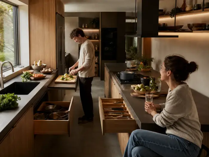 Uomo prepara le verdure in una cucina con zone di lavoro ben distribuite e cassettoni organizzati, mentre una donna lo osserva dall'isola