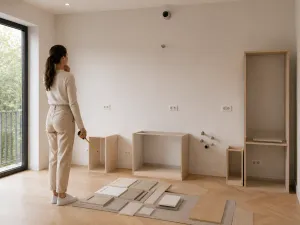Donna con metro che progetta una cucina nuova in una stanza vuota, con moduli grezzi, prese e attacchi a vista e campioni di finiture sul pavimento
