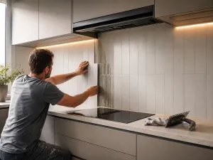 Uomo posa le piastrelle del rivestimento cucina nella fascia tra piano di lavoro e pensili, sopra il piano cottura a induzione