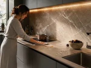 Rivestimento cucina in pietra effetto marmo a tutta altezza dietro il piano cottura, con top abbinato, mentre una donna pulisce il piano