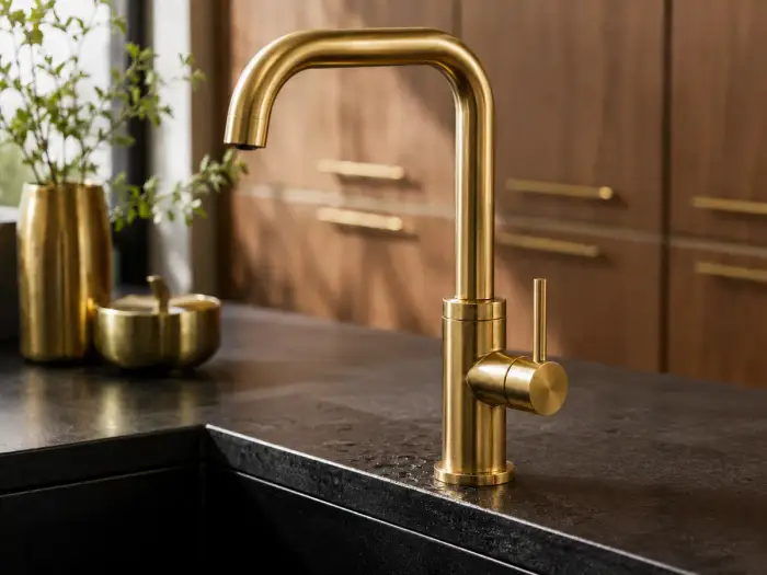 Rubinetto cucina in ottone spazzolato su lavello nero e piano scuro, coordinato con maniglie in ottone su mobili in legno