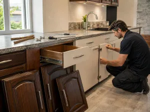 Uomo sostituisce le ante della cucina montando nuovi frontali chiari con maniglie moderne, con le vecchie ante in legno scuro rimosse
