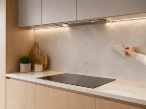 Paraschizzi della cucina rivestito con piastrelle beige posate a spina di pesce dietro il piano cottura a induzione