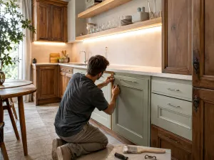 Uomo sostituisce le maniglie di una cucina in legno classica svecchiata con ante verniciate verde salvia e luce LED sottopensile