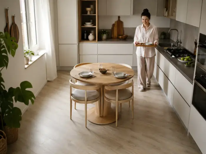 Tavolo rotondo con base a colonna e sedie che scorrono sotto il piano in una cucina piccola, con donna che porta un vassoio
